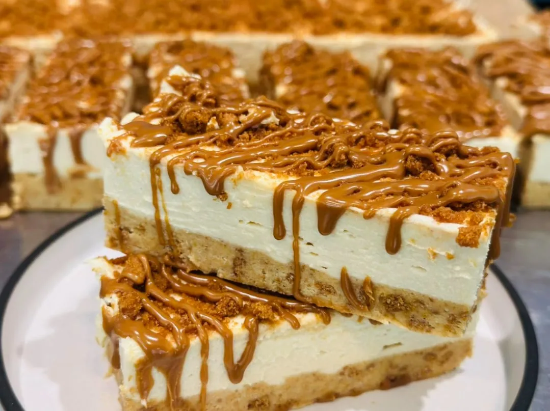Biscoff cheesecake slice drizzled with caramel